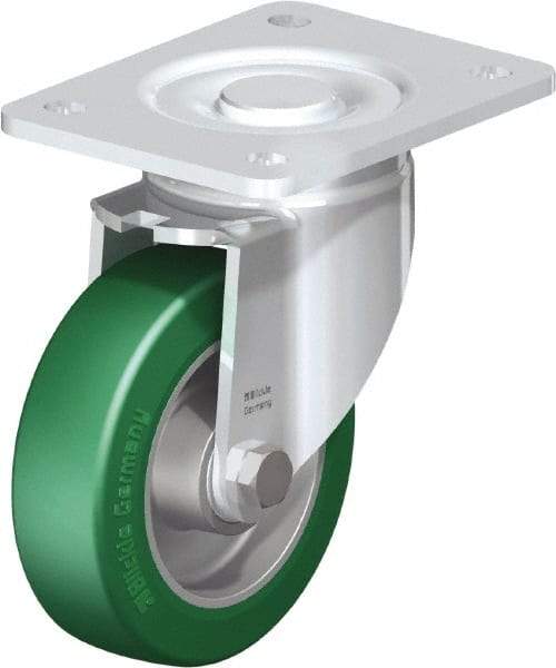 Blickle - 5" Diam x 1-9/16" Wide x 6-1/2" OAH Top Plate Mount Swivel Caster - Polyurethane-Elastomer Blickle Softhane, 770 Lb Capacity, Ball Bearing, 5-1/2 x 4-3/8" Plate - Americas Industrial Supply