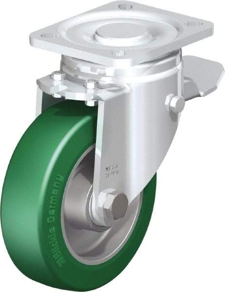 Blickle - 5" Diam x 1-9/16" Wide x 6-1/2" OAH Top Plate Mount Swivel Caster with Brake - Polyurethane-Elastomer Blickle Softhane, 770 Lb Capacity, Ball Bearing, 3-15/16 x 3-3/8" Plate - Americas Industrial Supply