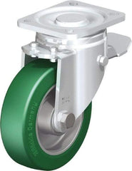 Blickle - 5" Diam x 1-9/16" Wide x 6-1/2" OAH Top Plate Mount Swivel Caster with Brake - Polyurethane-Elastomer Blickle Softhane, 770 Lb Capacity, Ball Bearing, 3-15/16 x 3-3/8" Plate - Americas Industrial Supply