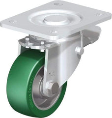 Blickle - 4" Diam x 1-9/16" Wide x 5-33/64" OAH Top Plate Mount Swivel Caster with Brake - Polyurethane-Elastomer Blickle Softhane, 660 Lb Capacity, Ball Bearing, 5-1/2 x 4-3/8" Plate - Americas Industrial Supply
