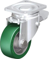 Blickle - 4" Diam x 1-9/16" Wide x 5-33/64" OAH Top Plate Mount Swivel Caster with Brake - Polyurethane-Elastomer Blickle Softhane, 660 Lb Capacity, Ball Bearing, 3-15/16 x 3-3/8" Plate - Americas Industrial Supply
