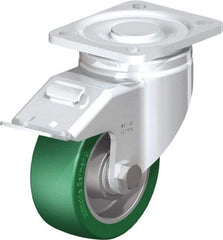 Blickle - 4" Diam x 1-9/16" Wide x 5-33/64" OAH Top Plate Mount Swivel Caster with Brake - Polyurethane-Elastomer Blickle Softhane, 660 Lb Capacity, Ball Bearing, 3-15/16 x 3-3/8" Plate - Americas Industrial Supply