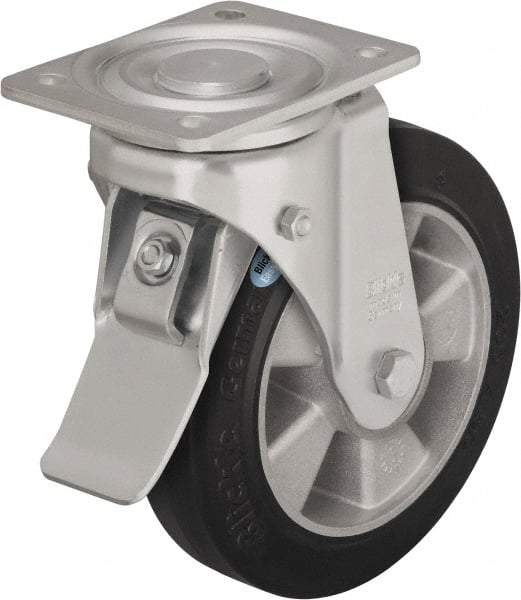 Blickle - 6-1/2" Diam x 2" Wide x 7-61/64" OAH Top Plate Mount Swivel Caster with Brake - Solid Rubber, 880 Lb Capacity, Ball Bearing, 5-1/2 x 4-3/8" Plate - Americas Industrial Supply