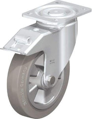 Blickle - 8" Diam x 2" Wide x 9-41/64" OAH Top Plate Mount Swivel Caster with Brake - Solid Rubber, 1,210 Lb Capacity, Ball Bearing, 5-1/2 x 4-3/8" Plate - Americas Industrial Supply