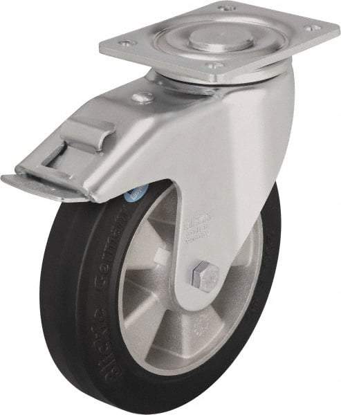 Blickle - 6-1/2" Diam x 2" Wide x 7-61/64" OAH Top Plate Mount Swivel Caster with Brake - Solid Rubber, 880 Lb Capacity, Ball Bearing, 5-1/2 x 4-3/8" Plate - Americas Industrial Supply
