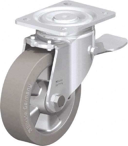 Blickle - 6-1/2" Diam x 2" Wide x 7-61/64" OAH Top Plate Mount Swivel Caster with Brake - Solid Rubber, 880 Lb Capacity, Ball Bearing, 5-1/2 x 4-3/8" Plate - Americas Industrial Supply