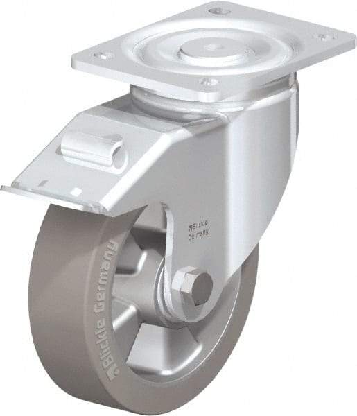 Blickle - 6-1/2" Diam x 2" Wide x 7-61/64" OAH Top Plate Mount Swivel Caster with Brake - Solid Rubber, 880 Lb Capacity, Ball Bearing, 5-1/2 x 4-3/8" Plate - Americas Industrial Supply