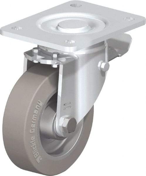 Blickle - 5" Diam x 1-9/16" Wide x 6-1/2" OAH Top Plate Mount Swivel Caster with Brake - Solid Rubber, 550 Lb Capacity, Ball Bearing, 5-1/2 x 4-3/8" Plate - Americas Industrial Supply