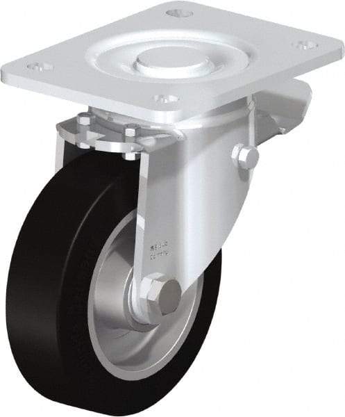 Blickle - 5" Diam x 1-9/16" Wide x 6-1/2" OAH Top Plate Mount Swivel Caster with Brake - Solid Rubber, 550 Lb Capacity, Ball Bearing, 5-1/2 x 4-3/8" Plate - Americas Industrial Supply