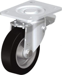 Blickle - 5" Diam x 1-9/16" Wide x 6-1/2" OAH Top Plate Mount Swivel Caster with Brake - Solid Rubber, 550 Lb Capacity, Ball Bearing, 5-1/2 x 4-3/8" Plate - Americas Industrial Supply