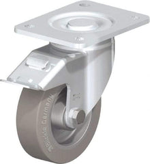 Blickle - 5" Diam x 1-9/16" Wide x 6-1/2" OAH Top Plate Mount Swivel Caster with Brake - Solid Rubber, 550 Lb Capacity, Ball Bearing, 5-1/2 x 4-3/8" Plate - Americas Industrial Supply