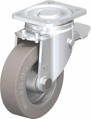 Blickle - 5" Diam x 1-9/16" Wide x 6-1/2" OAH Top Plate Mount Swivel Caster with Brake - Solid Rubber, 550 Lb Capacity, Ball Bearing, 3-15/16 x 3-3/8" Plate - Americas Industrial Supply