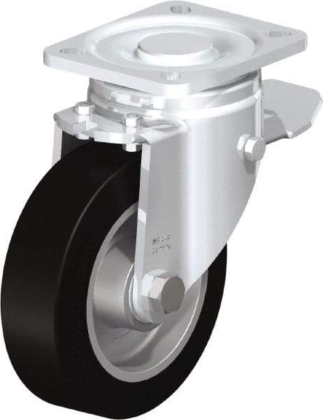 Blickle - 5" Diam x 1-9/16" Wide x 6-1/2" OAH Top Plate Mount Swivel Caster with Brake - Solid Rubber, 550 Lb Capacity, Ball Bearing, 3-15/16 x 3-3/8" Plate - Americas Industrial Supply