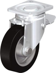 Blickle - 5" Diam x 1-9/16" Wide x 6-1/2" OAH Top Plate Mount Swivel Caster with Brake - Solid Rubber, 550 Lb Capacity, Ball Bearing, 3-15/16 x 3-3/8" Plate - Americas Industrial Supply