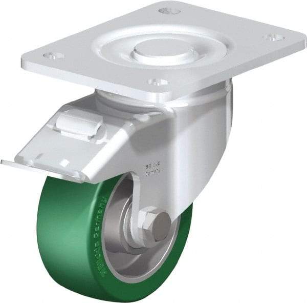 Blickle - 4" Diam x 1-9/16" Wide x 5-33/64" OAH Top Plate Mount Swivel Caster with Brake - Polyurethane-Elastomer Blickle Softhane, 660 Lb Capacity, Ball Bearing, 5-1/2 x 4-3/8" Plate - Americas Industrial Supply