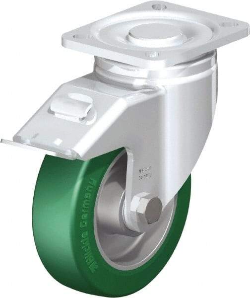 Blickle - 5" Diam x 1-9/16" Wide x 6-1/2" OAH Top Plate Mount Swivel Caster with Brake - Polyurethane-Elastomer Blickle Softhane, 770 Lb Capacity, Ball Bearing, 3-15/16 x 3-3/8" Plate - Americas Industrial Supply