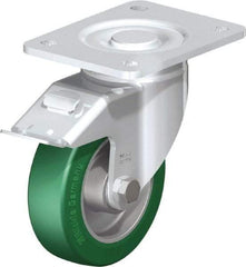 Blickle - 5" Diam x 1-9/16" Wide x 6-1/2" OAH Top Plate Mount Swivel Caster with Brake - Polyurethane-Elastomer Blickle Softhane, 770 Lb Capacity, Ball Bearing, 5-1/2 x 4-3/8" Plate - Americas Industrial Supply