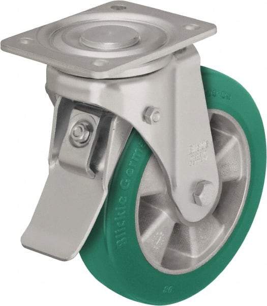 Blickle - 8" Diam x 2" Wide x 9-21/32" OAH Top Plate Mount Swivel Caster with Brake - Polyurethane-Elastomer Blickle Softhane, 1,540 Lb Capacity, Ball Bearing, 5-1/2 x 4-3/8" Plate - Americas Industrial Supply