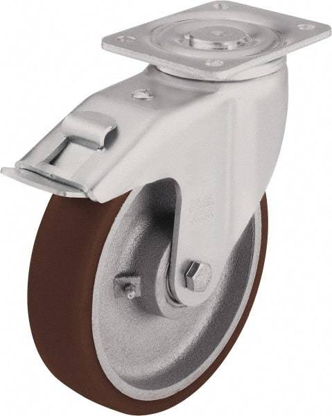 Blickle - 5" Diam x 1-31/32" Wide x 6-1/2" OAH Top Plate Mount Swivel Caster with Brake - Polyurethane-Elastomer Blickle Softhane, 1,100 Lb Capacity, Ball Bearing, 3-15/16 x 3-3/8" Plate - Americas Industrial Supply