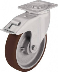 Blickle - 5" Diam x 1-31/32" Wide x 6-1/2" OAH Top Plate Mount Swivel Caster with Brake - Polyurethane-Elastomer Blickle Softhane, 1,100 Lb Capacity, Ball Bearing, 5-1/2 x 4-3/8" Plate - Americas Industrial Supply