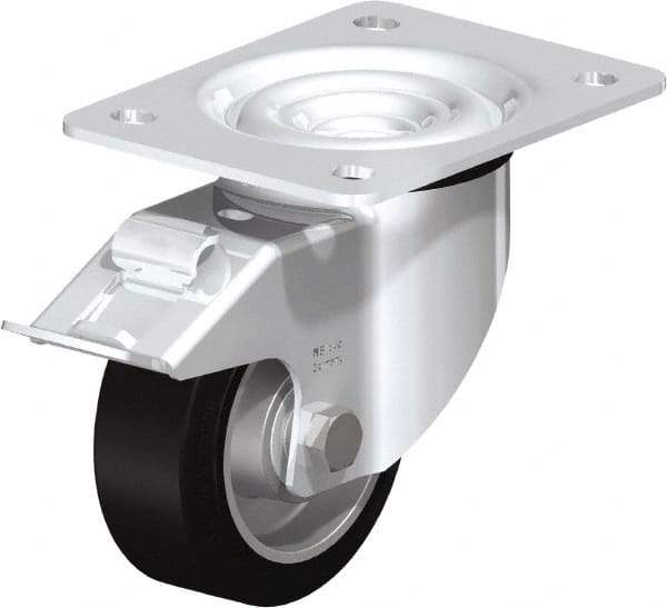 Blickle - 4" Diam x 1-37/64" Wide x 5-7/64" OAH Top Plate Mount Swivel Caster with Brake - Solid Rubber, 440 Lb Capacity, Ball Bearing, 5-1/2 x 4-3/8" Plate - Americas Industrial Supply