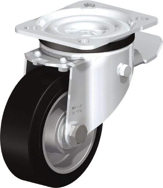 Blickle - 4" Diam x 1-37/64" Wide x 5-7/64" OAH Top Plate Mount Swivel Caster with Brake - Solid Rubber, 440 Lb Capacity, Ball Bearing, 3-15/16 x 3-3/8" Plate - Americas Industrial Supply