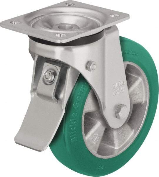 Blickle - 6" Diam x 2-1/8" Wide x 7-3/4" OAH Top Plate Mount Swivel Caster with Brake - Polyurethane-Elastomer Blickle Softhane, 1,100 Lb Capacity, Ball Bearing, 5-1/2 x 4-3/8" Plate - Americas Industrial Supply