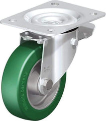 Blickle - 5" Diam x 1-37/64" Wide x 6-7/64" OAH Top Plate Mount Swivel Caster with Brake - Polyurethane-Elastomer Blickle Softhane, 770 Lb Capacity, Ball Bearing, 5-1/2 x 4-3/8" Plate - Americas Industrial Supply