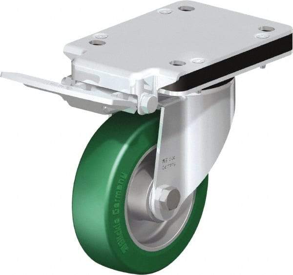 Blickle - 5" Diam x 1-37/64" Wide x 10-5/16" OAH Top Plate Mount Swivel Caster with Brake - Polyurethane-Elastomer Blickle Softhane, 770 Lb Capacity, Ball Bearing, 5-1/2 x 4-3/8" Plate - Americas Industrial Supply