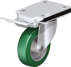 Blickle - 5" Diam x 1-37/64" Wide x 10-5/16" OAH Top Plate Mount Swivel Caster with Brake - Polyurethane-Elastomer Blickle Softhane, 770 Lb Capacity, Ball Bearing, 5-1/2 x 4-3/8" Plate - Americas Industrial Supply