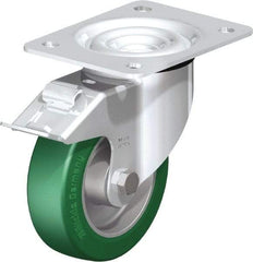 Blickle - 5" Diam x 1-37/64" Wide x 6-7/64" OAH Top Plate Mount Swivel Caster with Brake - Polyurethane-Elastomer Blickle Softhane, 770 Lb Capacity, Ball Bearing, 5-1/2 x 4-3/8" Plate - Americas Industrial Supply