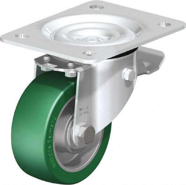 Blickle - 4" Diam x 1-37/64" Wide x 5-7/64" OAH Top Plate Mount Swivel Caster with Brake - Polyurethane-Elastomer Blickle Softhane, 660 Lb Capacity, Ball Bearing, 5-1/2 x 4-3/8" Plate - Americas Industrial Supply