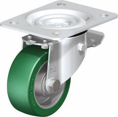 Blickle - 4" Diam x 1-37/64" Wide x 5-7/64" OAH Top Plate Mount Swivel Caster with Brake - Polyurethane-Elastomer Blickle Softhane, 660 Lb Capacity, Ball Bearing, 5-1/2 x 4-3/8" Plate - Americas Industrial Supply