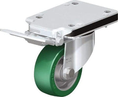 Blickle - 4" Diam x 1-37/64" Wide x 10-5/16" OAH Top Plate Mount Swivel Caster with Brake - Polyurethane-Elastomer Blickle Softhane, 660 Lb Capacity, Ball Bearing, 5-1/2 x 4-3/8" Plate - Americas Industrial Supply