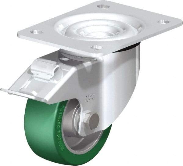Blickle - 4" Diam x 1-37/64" Wide x 5-7/64" OAH Top Plate Mount Swivel Caster with Brake - Polyurethane-Elastomer Blickle Softhane, 660 Lb Capacity, Ball Bearing, 5-1/2 x 4-3/8" Plate - Americas Industrial Supply