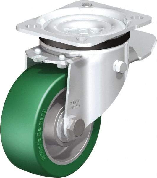 Blickle - 4" Diam x 1-37/64" Wide x 5-7/64" OAH Top Plate Mount Swivel Caster with Brake - Polyurethane-Elastomer Blickle Softhane, 660 Lb Capacity, Ball Bearing, 3-15/16 x 3-3/8" Plate - Americas Industrial Supply