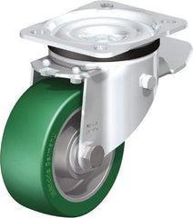 Blickle - 4" Diam x 1-37/64" Wide x 5-7/64" OAH Top Plate Mount Swivel Caster with Brake - Polyurethane-Elastomer Blickle Softhane, 660 Lb Capacity, Ball Bearing, 3-15/16 x 3-3/8" Plate - Americas Industrial Supply