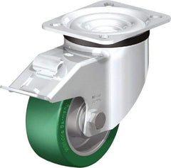 Blickle - 4" Diam x 1-37/64" Wide x 5-7/64" OAH Top Plate Mount Swivel Caster with Brake - Polyurethane-Elastomer Blickle Softhane, 660 Lb Capacity, Ball Bearing, 3-15/16 x 3-3/8" Plate - Americas Industrial Supply