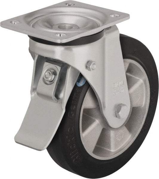 Blickle - 8" Diam x 2" Wide x 9-11/16" OAH Top Plate Mount Swivel Caster with Brake - Polyurethane-Elastomer Blickle Softhane, 1,320 Lb Capacity, Ball Bearing, 5-1/2 x 4-3/8" Plate - Americas Industrial Supply