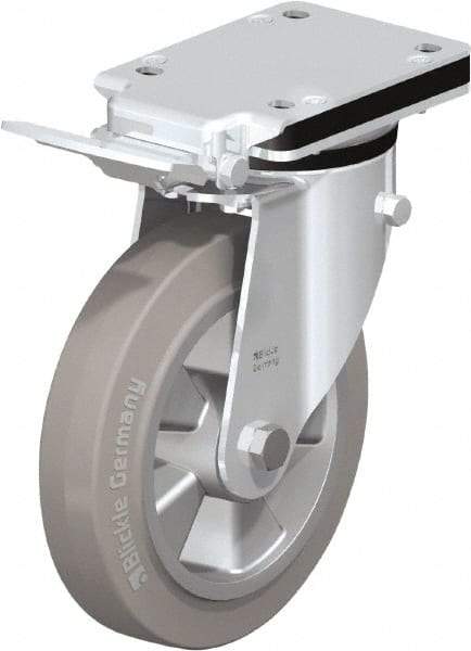 Blickle - 8" Diam x 1-31/32" Wide x 10-5/16" OAH Top Plate Mount Swivel Caster with Brake - Solid Rubber, 1,100 Lb Capacity, Ball Bearing, 5-1/2 x 4-3/8" Plate - Americas Industrial Supply