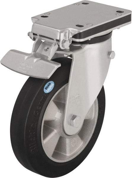 Blickle - 8" Diam x 1-31/32" Wide x 10-5/16" OAH Top Plate Mount Swivel Caster with Brake - Solid Rubber, 1,100 Lb Capacity, Ball Bearing, 5-1/2 x 4-3/8" Plate - Americas Industrial Supply