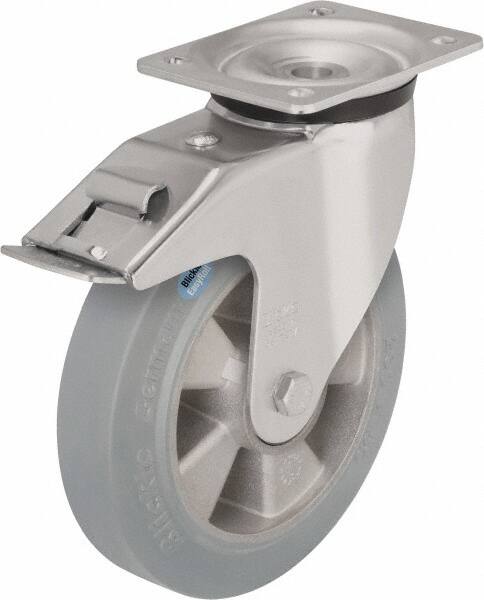 Blickle - 5" Diam x 1-31/32" Wide x 6-11/16" OAH Top Plate Mount Swivel Caster with Brake - Solid Rubber, 594 Lb Capacity, Ball Bearing, 5-1/2 x 4-3/8" Plate - Americas Industrial Supply