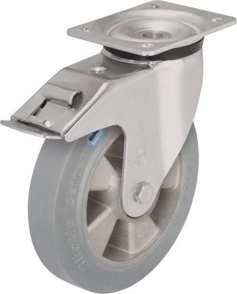 Blickle - 8" Diam x 1-31/32" Wide x 9-21/32" OAH Top Plate Mount Swivel Caster with Brake - Solid Rubber, 1,100 Lb Capacity, Ball Bearing, 5-1/2 x 4-3/8" Plate - Americas Industrial Supply