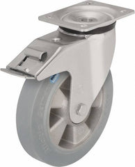 Blickle - 5" Diam x 1-31/32" Wide x 6-11/16" OAH Top Plate Mount Swivel Caster with Brake - Solid Rubber, 594 Lb Capacity, Ball Bearing, 5-1/2 x 4-3/8" Plate - Americas Industrial Supply