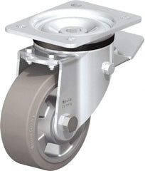 Blickle - 5" Diam x 1-31/32" Wide x 6-11/16" OAH Top Plate Mount Swivel Caster with Brake - Solid Rubber, 594 Lb Capacity, Ball Bearing, 5-1/2 x 4-3/8" Plate - Americas Industrial Supply