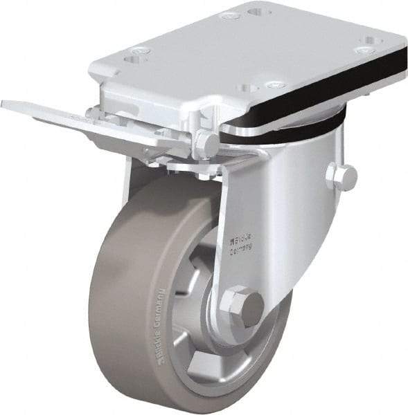 Blickle - 5" Diam x 1-31/32" Wide x 7-23/64" OAH Top Plate Mount Swivel Caster with Brake - Solid Rubber, 594 Lb Capacity, Ball Bearing, 5-1/2 x 4-3/8" Plate - Americas Industrial Supply