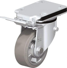 Blickle - 5" Diam x 1-31/32" Wide x 7-23/64" OAH Top Plate Mount Swivel Caster with Brake - Solid Rubber, 594 Lb Capacity, Ball Bearing, 5-1/2 x 4-3/8" Plate - Americas Industrial Supply