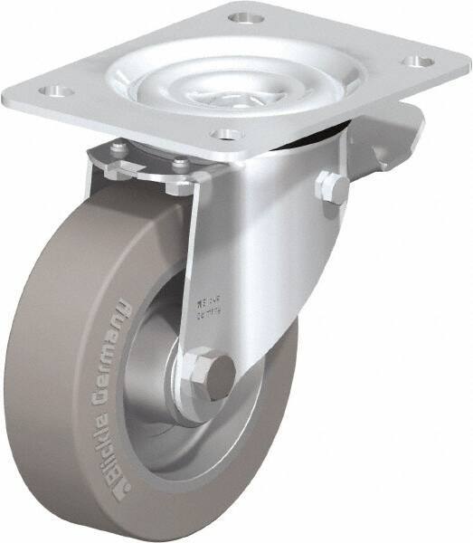 Blickle - 5" Diam x 1-37/64" Wide x 6-11/16" OAH Top Plate Mount Swivel Caster with Brake - Solid Rubber, 550 Lb Capacity, Ball Bearing, 5-1/2 x 4-3/8" Plate - Americas Industrial Supply