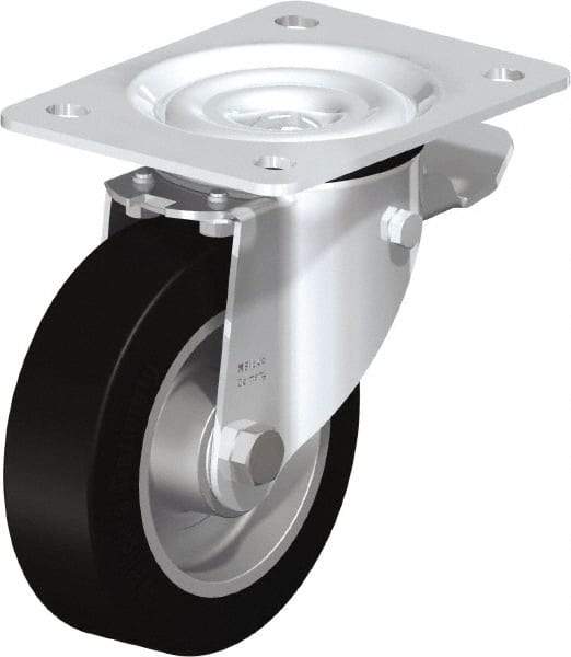 Blickle - 5" Diam x 1-37/64" Wide x 6-7/64" OAH Top Plate Mount Swivel Caster with Brake - Solid Rubber, 550 Lb Capacity, Ball Bearing, 5-1/2 x 4-3/8" Plate - Americas Industrial Supply