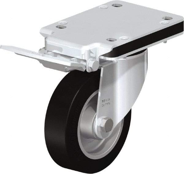 Blickle - 5" Diam x 1-37/64" Wide x 7-49/64" OAH Top Plate Mount Swivel Caster with Brake - Solid Rubber, 550 Lb Capacity, Ball Bearing, 5-1/2 x 4-3/8" Plate - Americas Industrial Supply